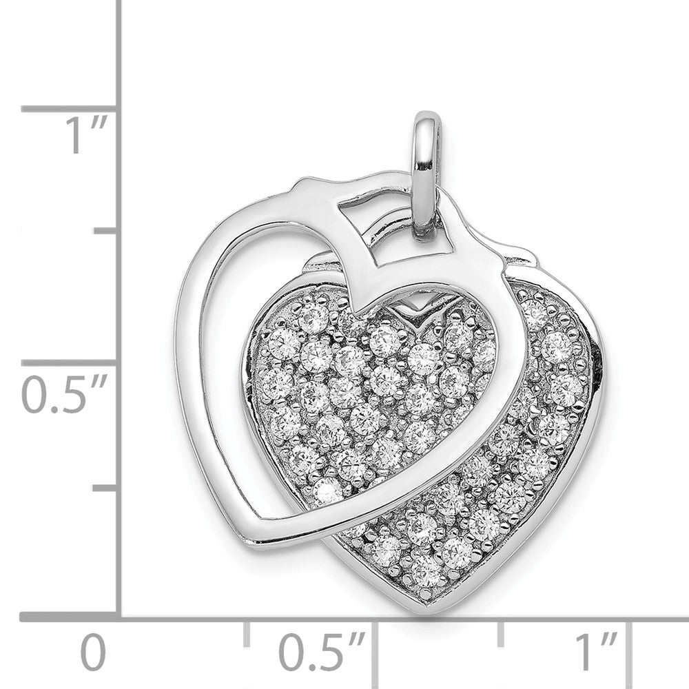 Million Charms 925 Sterling Silver Rhodium-Plated (Cubic Zirconia) CZ Two Piece Heart Pendant