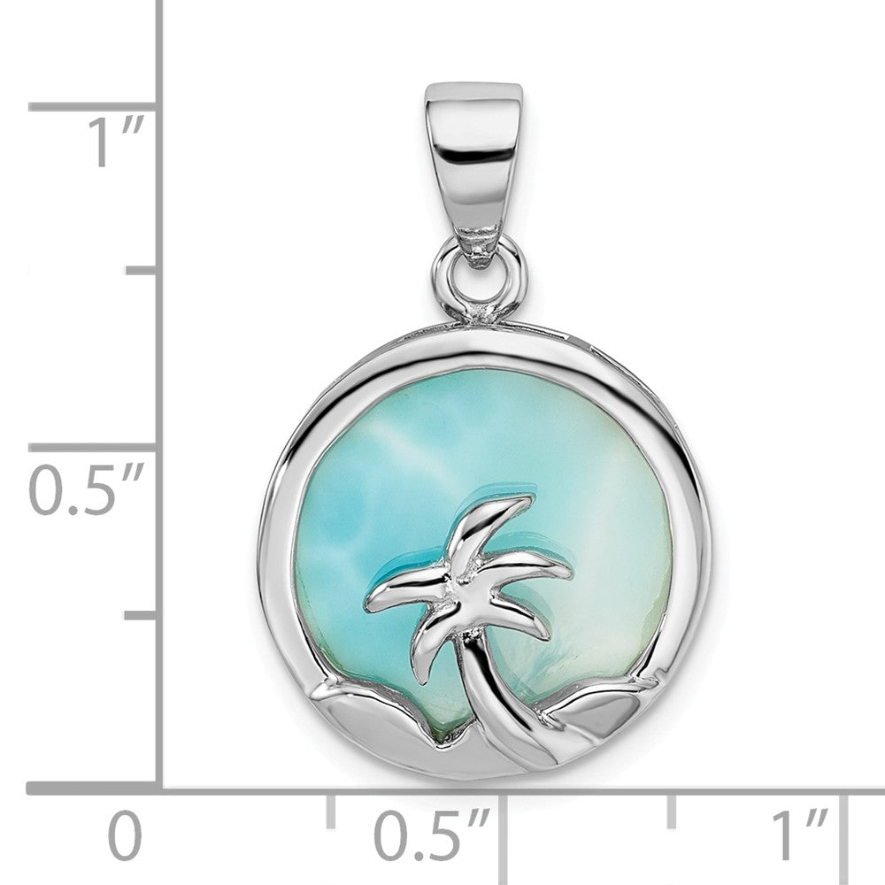 Million Charms 925 Sterling Silver Rhodium-Plated Larimar With Palm Tree Pendant