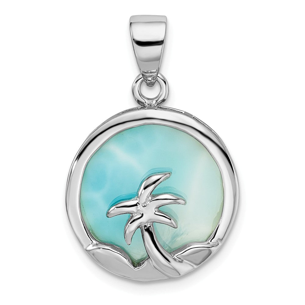 Million Charms 925 Sterling Silver Rhodium-Plated Larimar With Palm Tree Pendant