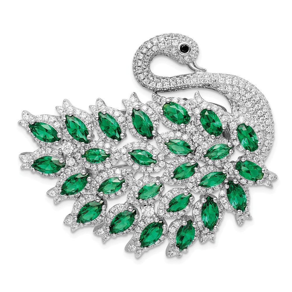 925 Sterling Silver Rhodium-plate CZ & Green Spinel Enamel Swan Slide & Pin