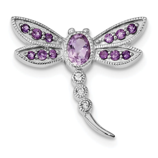 925 Sterling Silver Rhodium Pk. Quartz AM White Topaz Dragonfly Pin/Chain Slide