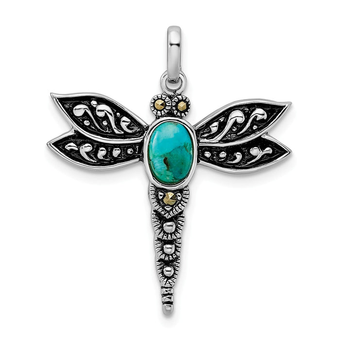Million Charms 925 Sterling Silver Rhodium/Oxidized Recon. Turq/Marcasite Dragonfly Pendant