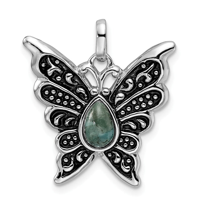 Million Charms 925 Sterling Silver Rhodium/Oxidized Reconstituted Turquoise Butterfly Pendant