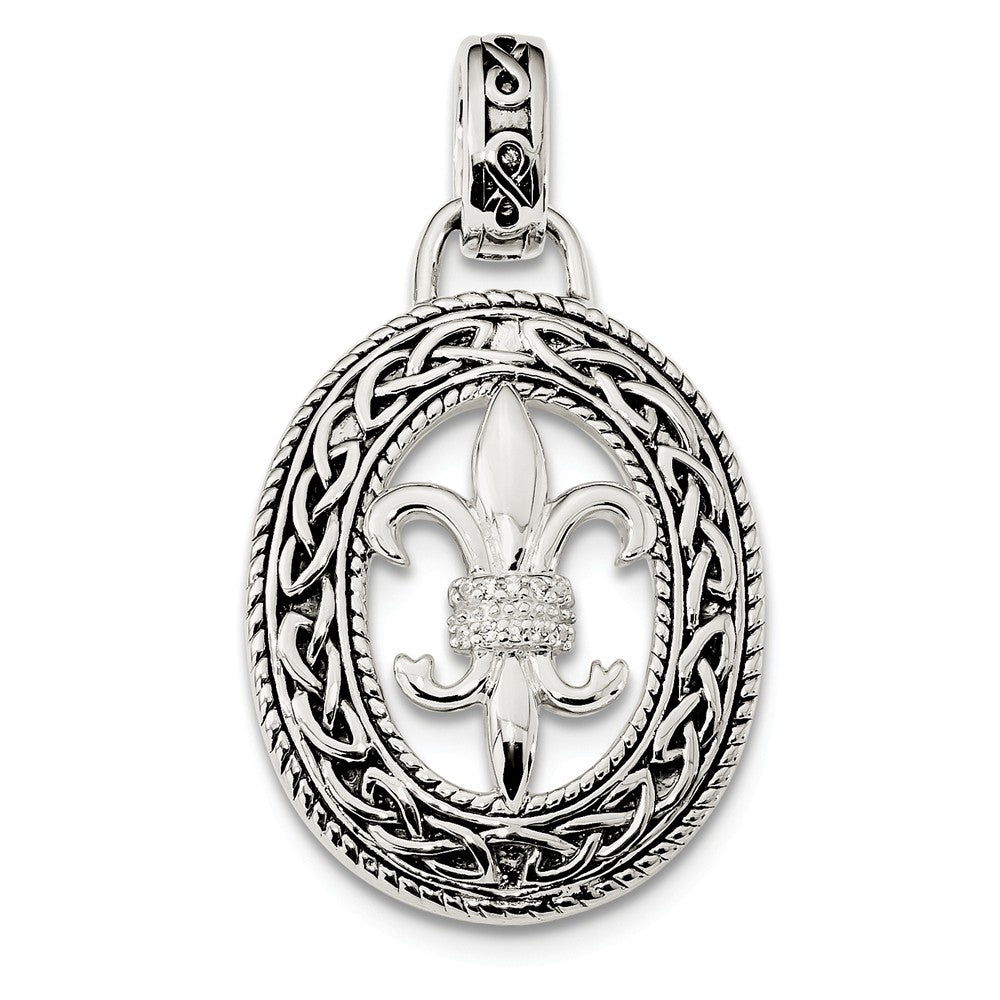 Million Charms 925 Sterling Silver (Cubic Zirconia) CZ Antiqued Filigree Fleur De Lis Pendant