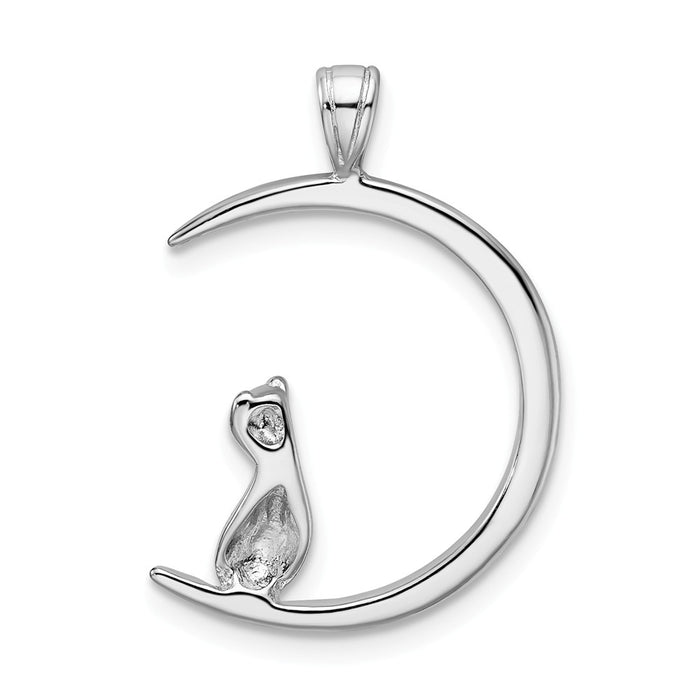 Million Charms 925 Sterling Silver Rhodium-Plated Cat On Moon Pendant