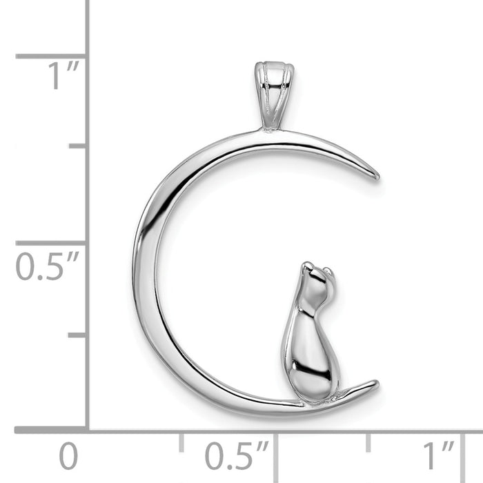 Million Charms 925 Sterling Silver Rhodium-Plated Cat On Moon Pendant