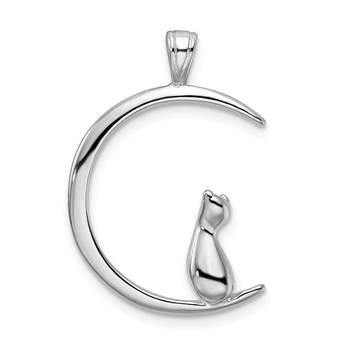 Million Charms 925 Sterling Silver Rhodium-Plated Cat On Moon Pendant