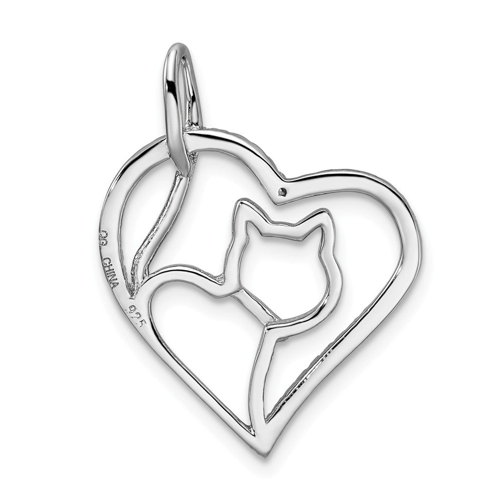 Million Charms 925 Sterling Silver Rhodium-Plated (Cubic Zirconia) CZ Heart With Cat Silhouette Pendant