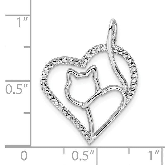Million Charms 925 Sterling Silver Rhodium-Plated (Cubic Zirconia) CZ Heart With Cat Silhouette Pendant