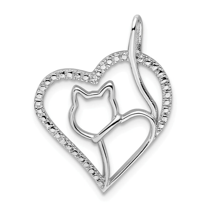Million Charms 925 Sterling Silver Rhodium-Plated (Cubic Zirconia) CZ Heart With Cat Silhouette Pendant