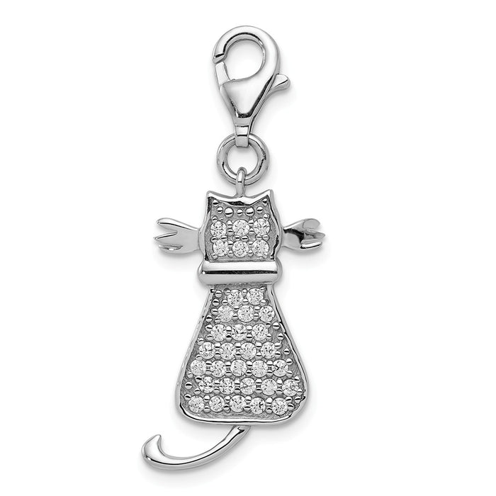 Million Charms 925 Sterling Silver Rhodium-Plated (Cubic Zirconia) CZ Cat With Lobster Clasp Charm
