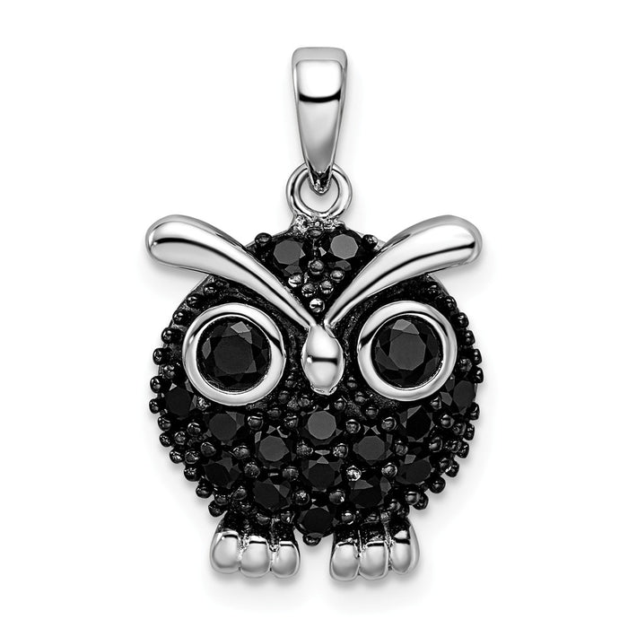 Million Charms 925 Sterling Silver Black Rhodium-plated Black (Cubic Zirconia) CZ Owl Pendant