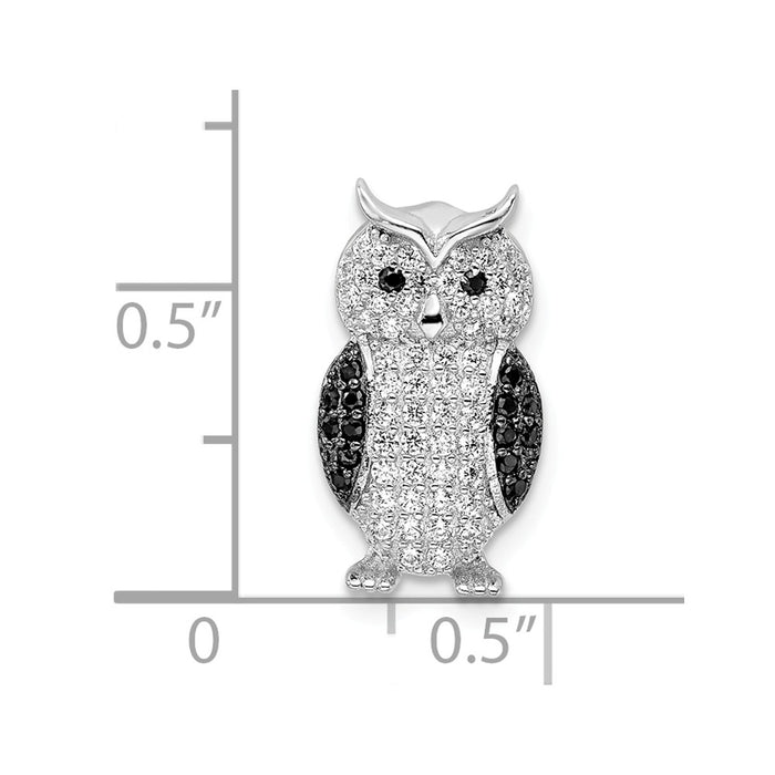 Million Charms 925 Sterling Silver Rhodium-Plated Black & White (Cubic Zirconia) CZ Owl Slide Pendant
