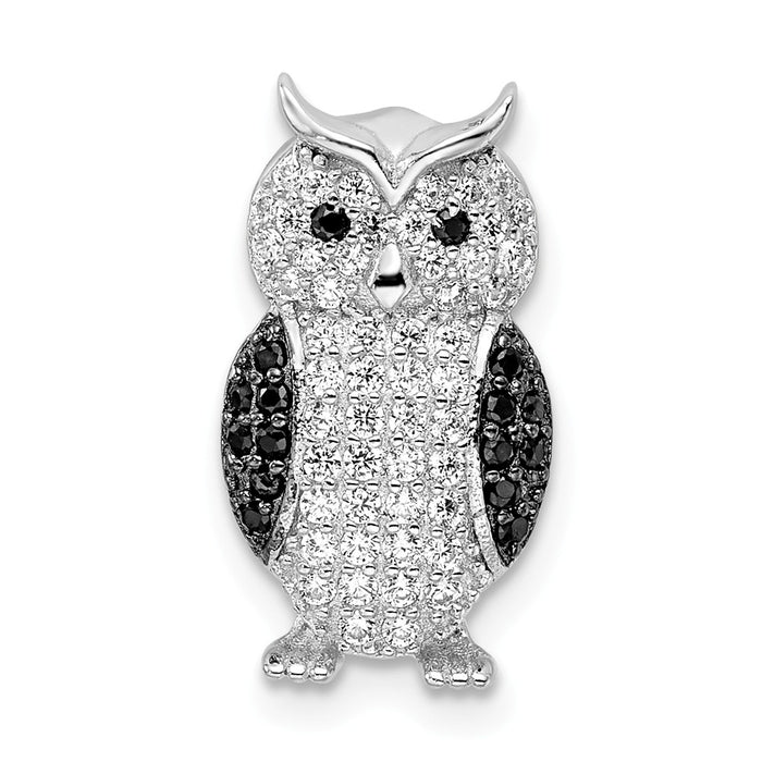 Million Charms 925 Sterling Silver Rhodium-Plated Black & White (Cubic Zirconia) CZ Owl Slide Pendant