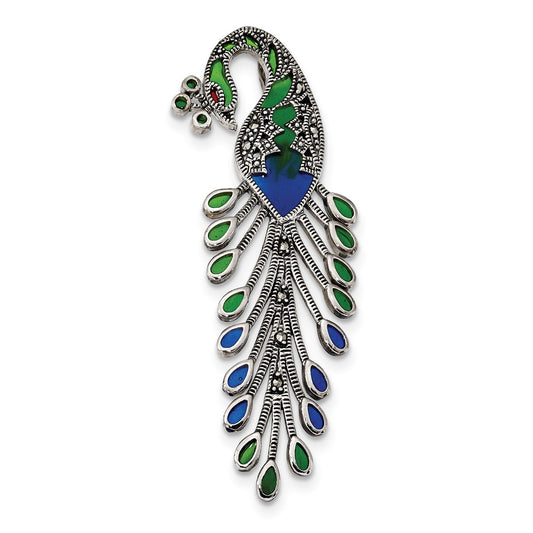 Million Charms 925 Sterling Silver Antiqued Green/Red/Blue Epoxy Marcasite Peacock Slide
