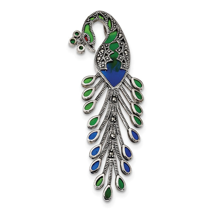 Million Charms 925 Sterling Silver Antiqued Green/Red/Blue Epoxy Marcasite Peacock Slide