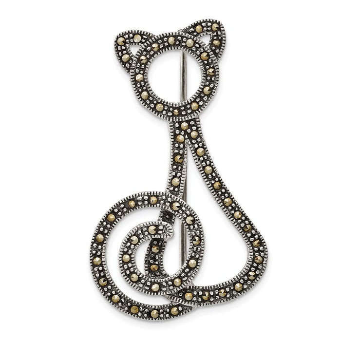 925 Sterling Silver Antiqued Marcasite Cat Pin