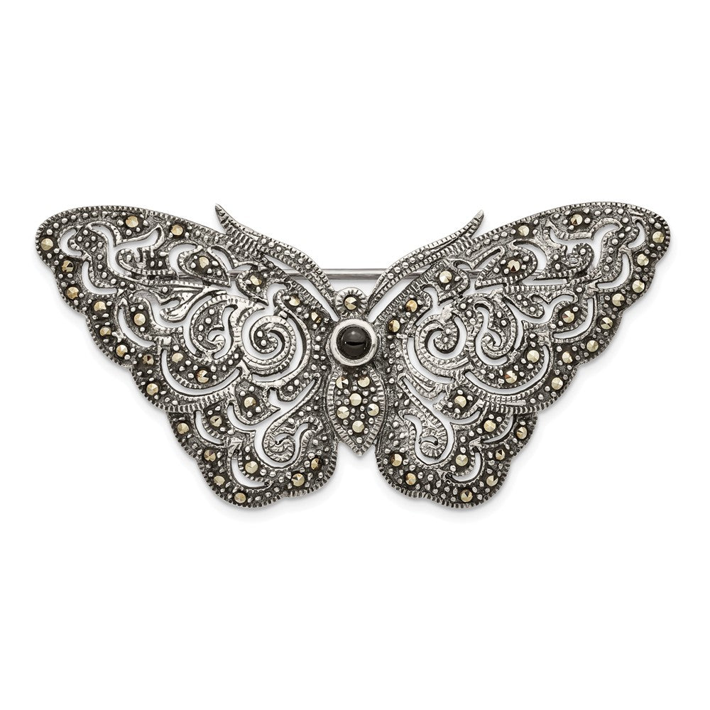 925 Sterling Silver Antiqued Marcasite Butterfly Pin