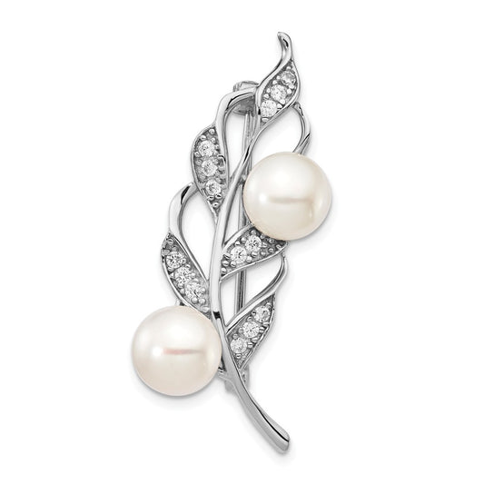 925 Sterling Silver Rhodium Plated 7-8mm White Button FWC Pearl CZ Brooch