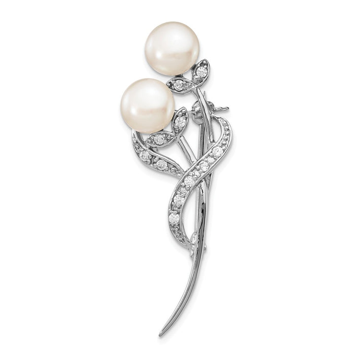 925 Sterling Silver Rhodium Plated 7-8mm White Button FWC Pearl CZ Brooch
