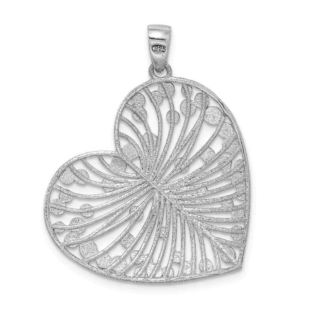 Million Charms 925 Sterling Silver Rhodium-Plated Brushed & Polished Diamond-Cut Heart Pendant