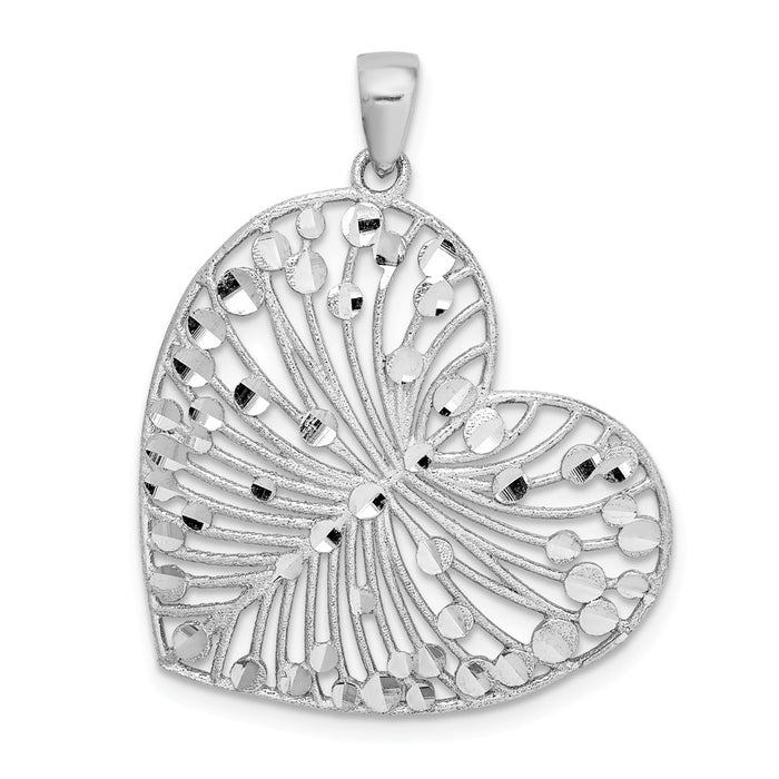 Million Charms 925 Sterling Silver Rhodium-Plated Brushed & Polished Diamond-Cut Heart Pendant