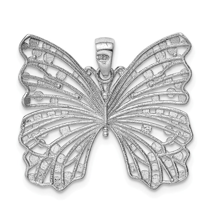 Million Charms 925 Sterling Silver Rhodium-Plated Brushed & Polished & Diamond-Cut Butterfly Pendant