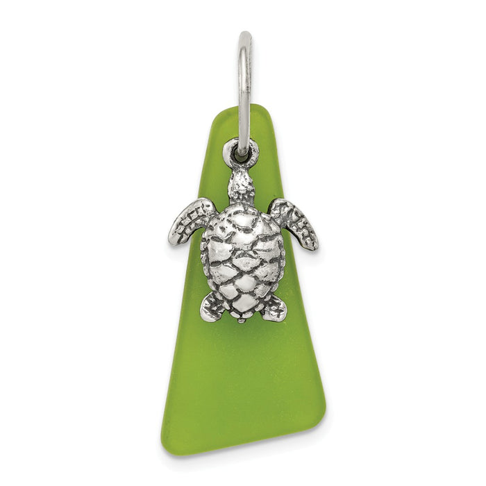 Million Charms 925 Sterling Silver Green Sea Glass Turtle Pendant