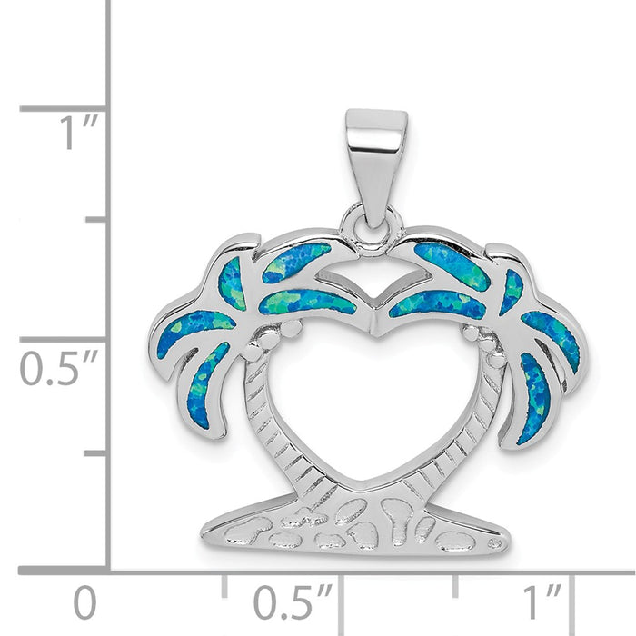 Million Charms 925 Sterling Silver Rhodium-Plated Created Blue Opal Palm Trees Pendant