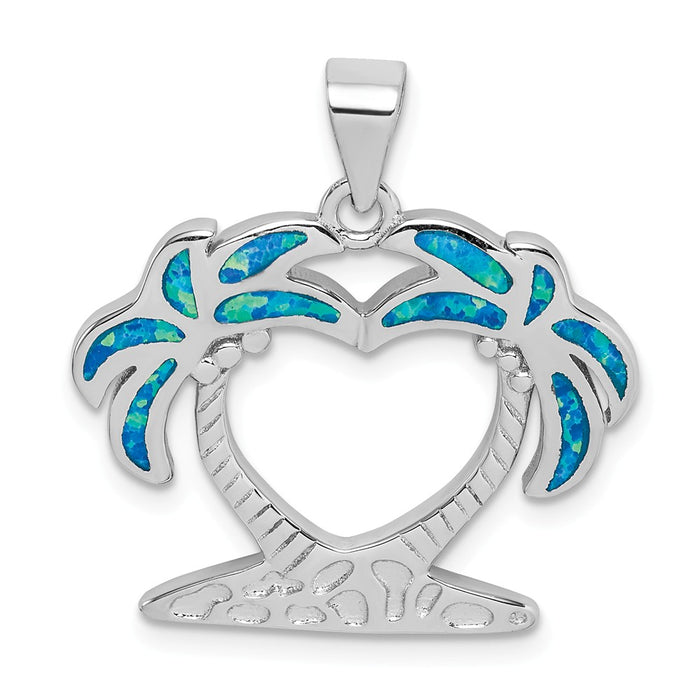 Million Charms 925 Sterling Silver Rhodium-Plated Created Blue Opal Palm Trees Pendant