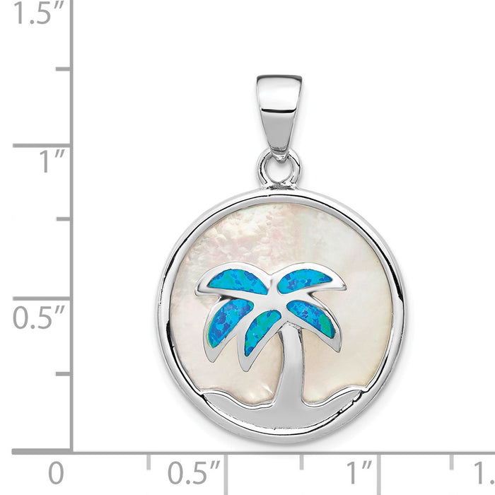 Million Charms 925 Sterling Silver Rhodium-Plated Mop & Created Opal Inlay Palm Tree Pendant