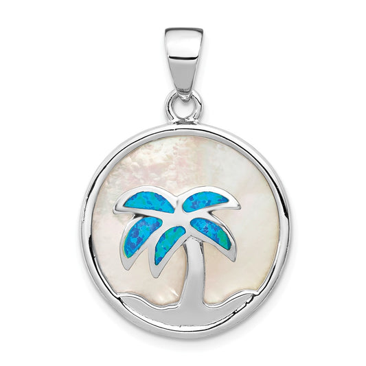 Million Charms 925 Sterling Silver Rhodium-Plated Mop & Created Opal Inlay Palm Tree Pendant