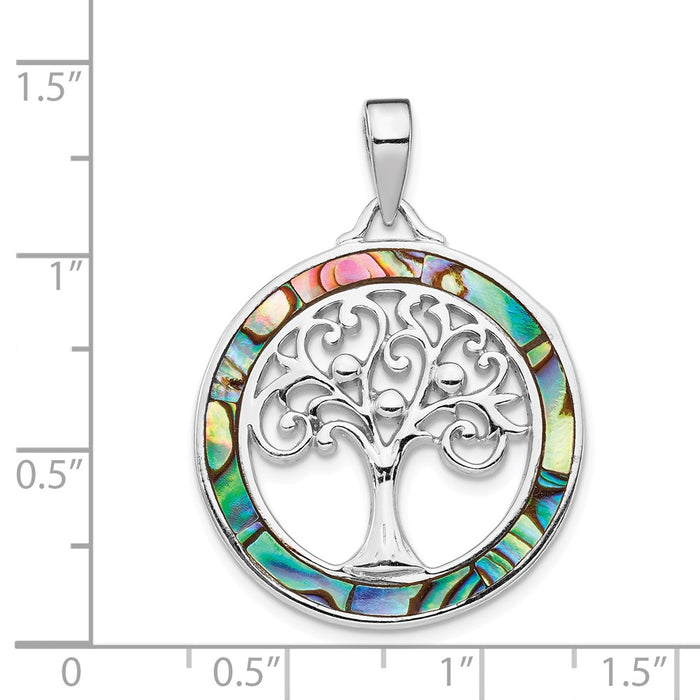 Million Charms 925 Sterling Silver Rhodium-Plated Abalone Circle With Tree Of Life Pendant