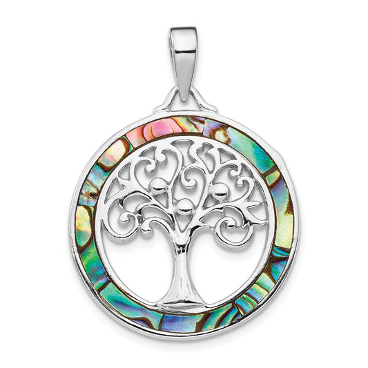 Million Charms 925 Sterling Silver Rhodium-Plated Abalone Circle With Tree Of Life Pendant