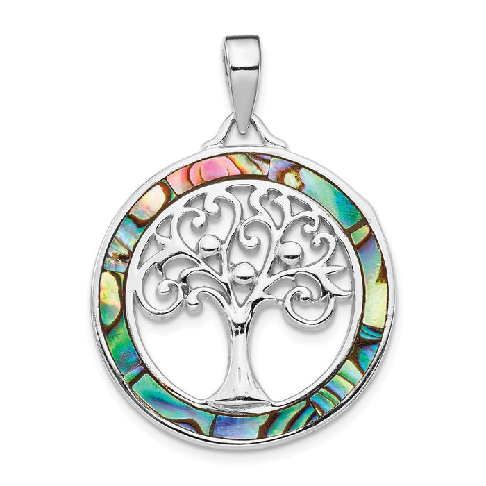 Million Charms 925 Sterling Silver Rhodium-Plated Abalone Circle With Tree Of Life Pendant