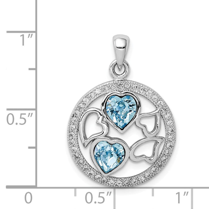 Million Charms 925 Sterling Silver Rhodium-Plated Clear & Blue Crystal Hearts Pendant