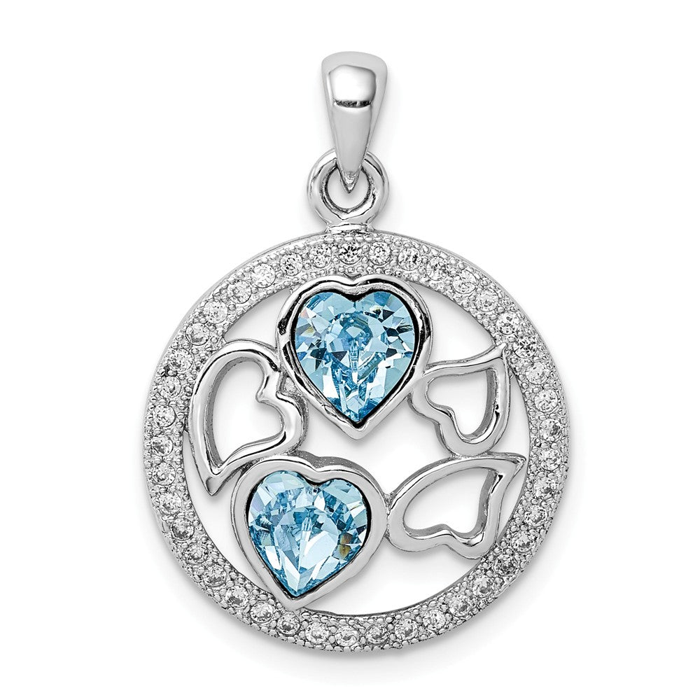 Million Charms 925 Sterling Silver Rhodium-Plated Clear & Blue Crystal Hearts Pendant