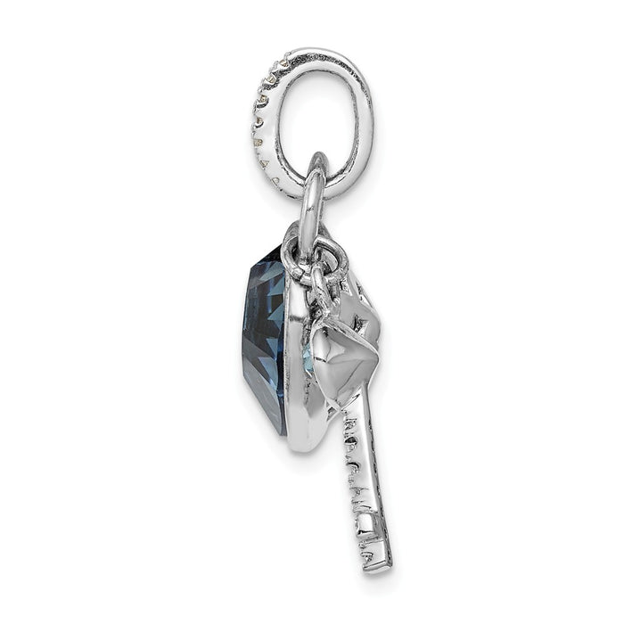 Million Charms 925 Sterling Silver Rhodium-Plated Clear & Blue Crystal Key With Heart Pendant
