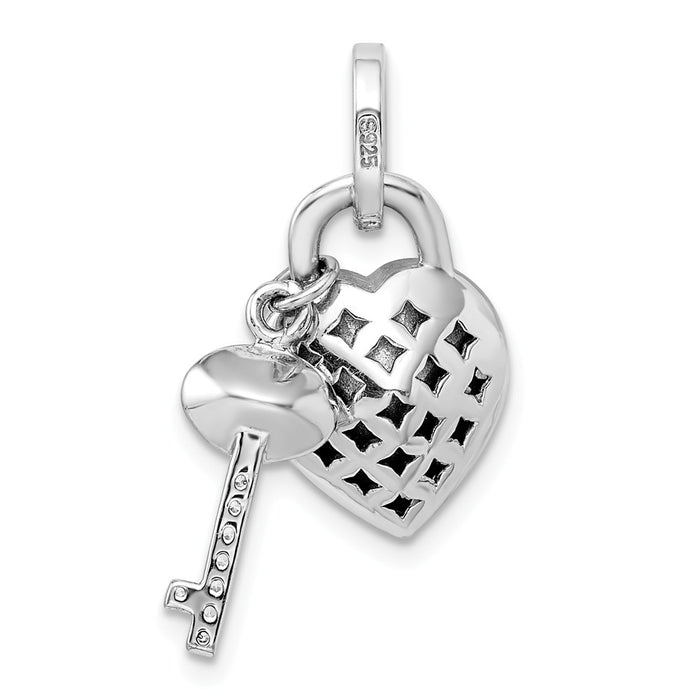 Million Charms 925 Sterling Silver Rhodium-Plated Clear & Blue Crystal Key With Heart Pendant