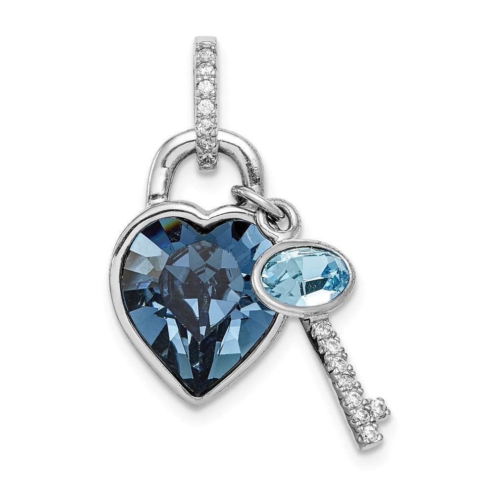 Million Charms 925 Sterling Silver Rhodium-Plated Clear & Blue Crystal Key With Heart Pendant