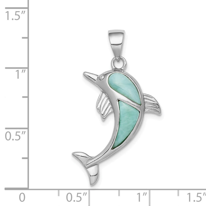 Million Charms 925 Sterling Silver Rhodium-Plated Larimar Dolphin Pendant