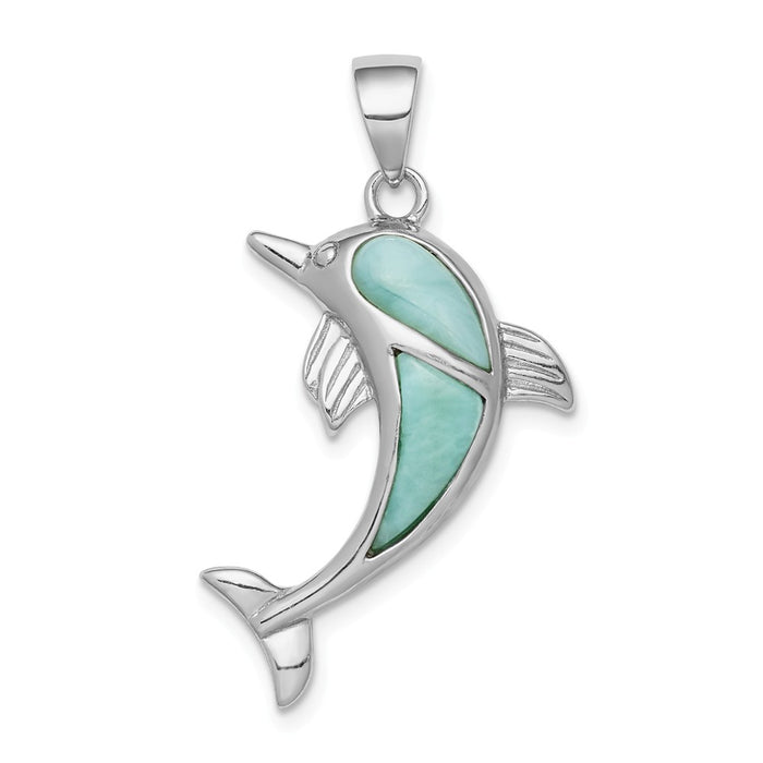 Million Charms 925 Sterling Silver Rhodium-Plated Larimar Dolphin Pendant