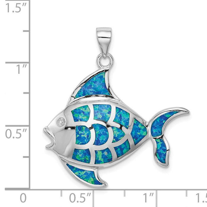 Million Charms 925 Sterling Silver Rhodium-Plated Created Blue Opal Fish Pendant