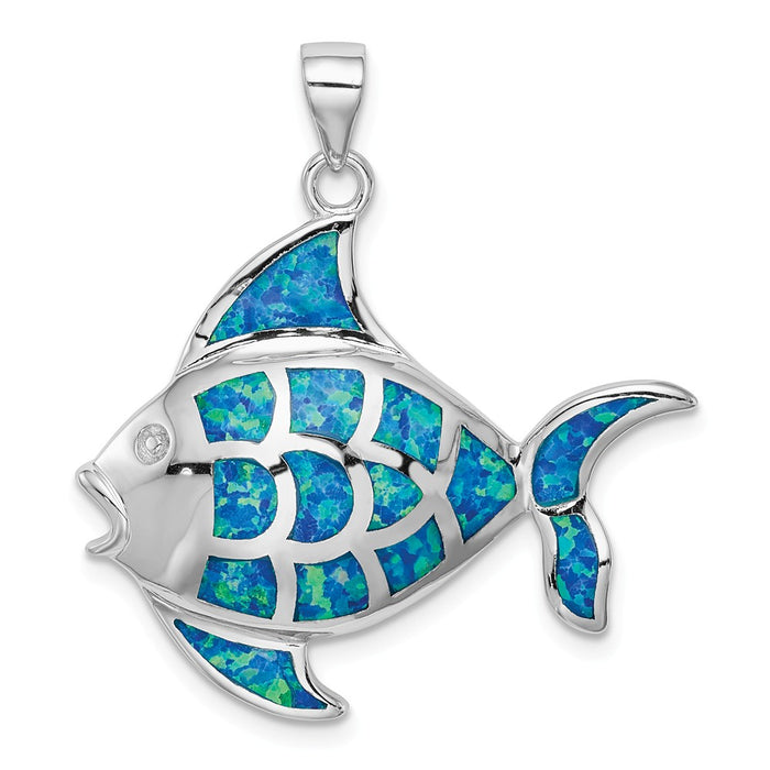 Million Charms 925 Sterling Silver Rhodium-Plated Created Blue Opal Fish Pendant