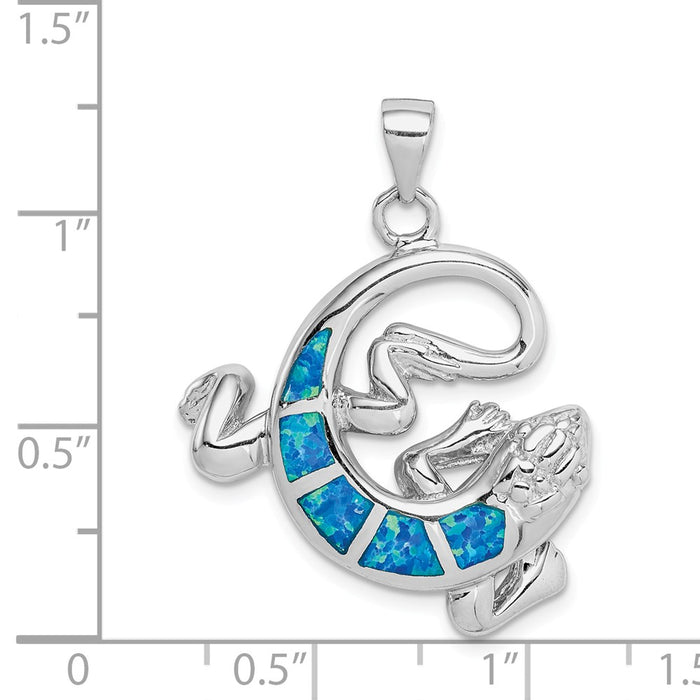 Million Charms 925 Sterling Silver Rhodium-Plated Created Blue Opal Gecko Pendant