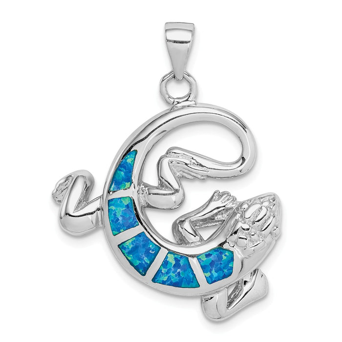 Million Charms 925 Sterling Silver Rhodium-Plated Created Blue Opal Gecko Pendant