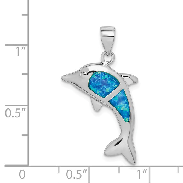 Million Charms 925 Sterling Silver Rhodium-Plated Created Blue Opal Dolphin Pendant