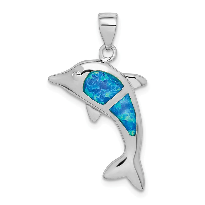 Million Charms 925 Sterling Silver Rhodium-Plated Created Blue Opal Dolphin Pendant