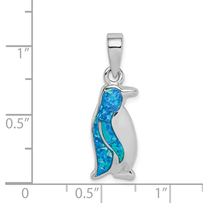 Million Charms 925 Sterling Silver Rhodium-Plated Created Opal Inlay Penguin Pendant