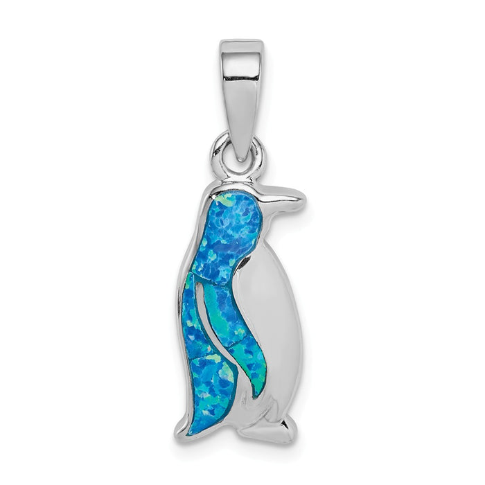 Million Charms 925 Sterling Silver Rhodium-Plated Created Opal Inlay Penguin Pendant